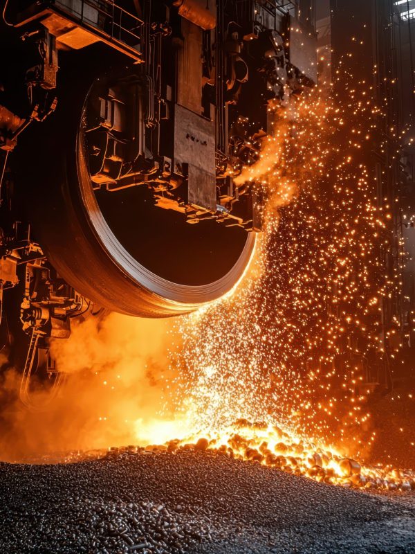 A dynamic scene of heavy machinery operating in a steel mill, with molten metal being processed, showcasing industrial manufacturing and the intense heat of metal production.